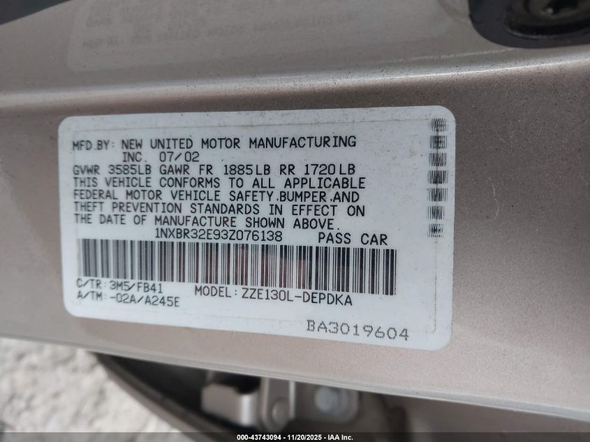 2003 Toyota Corolla Ce VIN: 1NXBR32E93Z076138 Lot: 43743094