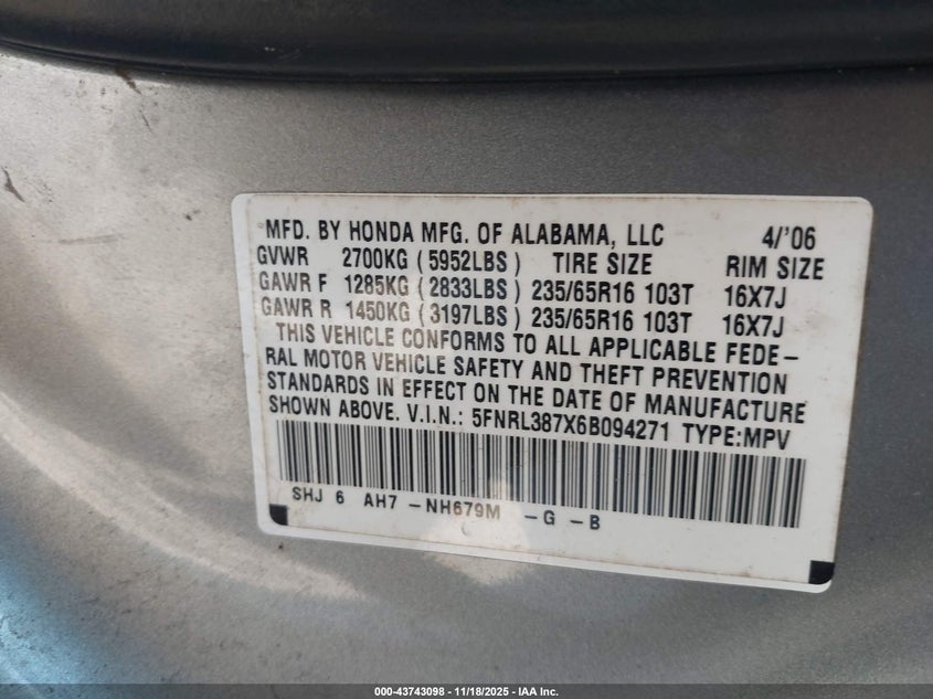 2006 Honda Odyssey Ex-L VIN: 5FNRL387X6B094271 Lot: 43743098