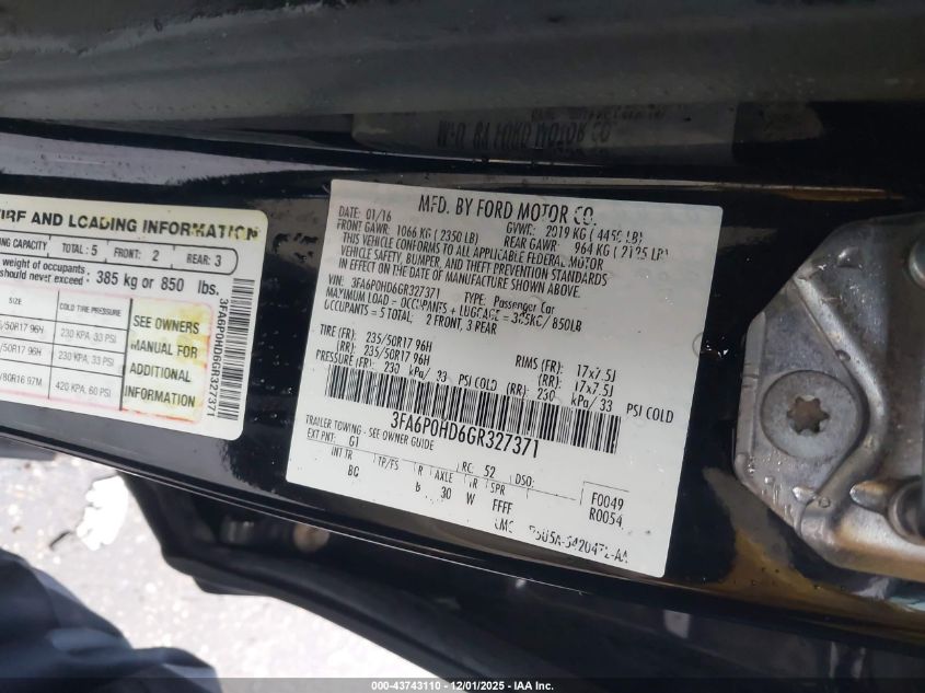 2016 Ford Fusion Se VIN: 3FA6P0HD6GR327371 Lot: 43743110