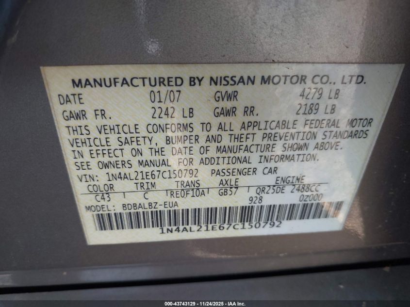 2007 Nissan Altima 2.5 S VIN: 1N4AL21E67C150792 Lot: 43743129