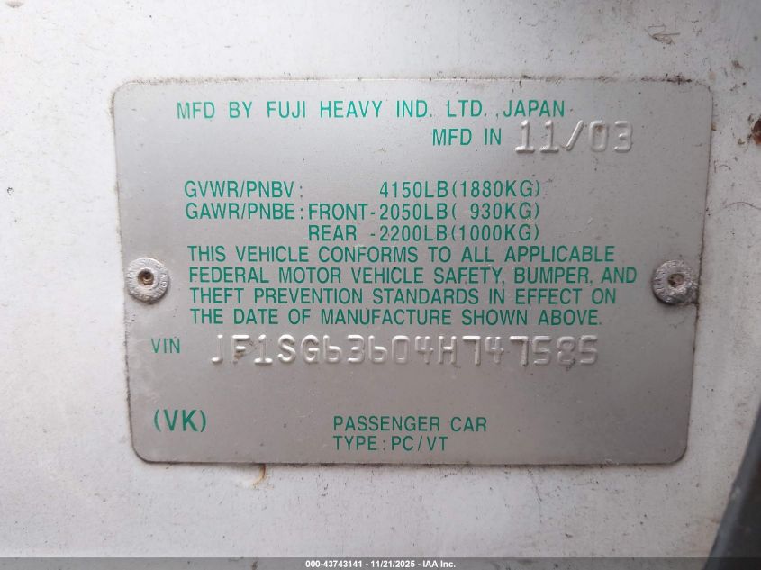 2004 Subaru Forester 2.5X VIN: JF1SG63604H747585 Lot: 43743141