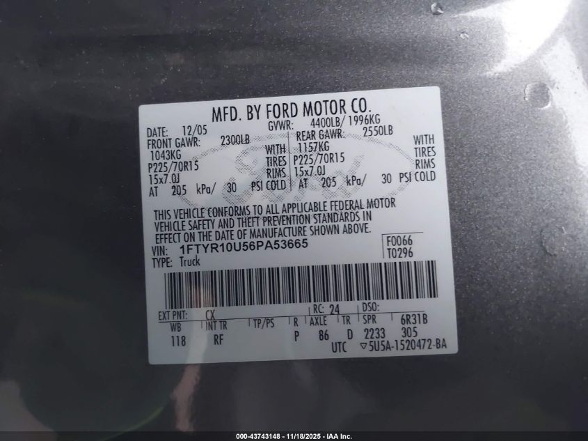 2006 Ford Ranger Sport/Stx/Xl/Xlt VIN: 1FTYR10U56PA53665 Lot: 43743148