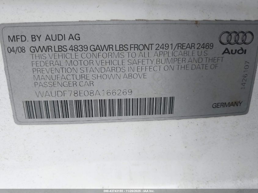 2008 Audi A4 2.0T/2.0T Special Edition VIN: WAUDF78E08A166269 Lot: 43743155