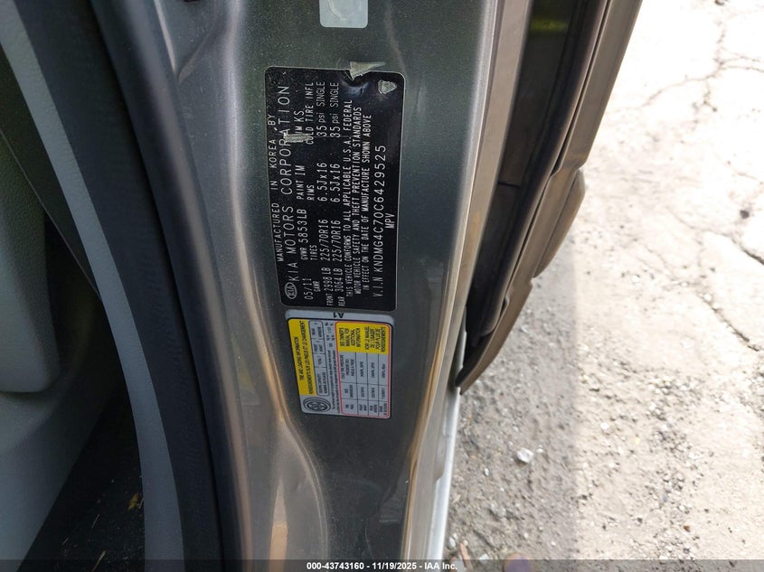 2012 Kia Sedona Lx VIN: KNDMG4C70C6429525 Lot: 43743160