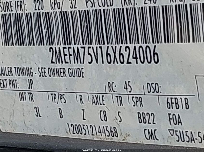 2006 Mercury Grand Marquis Ls VIN: 2MEFM75V16X624006 Lot: 43743170