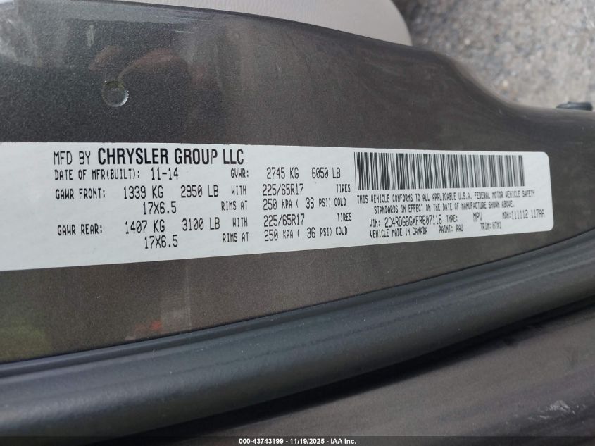 2015 Dodge Grand Caravan American Value Pkg VIN: 2C4RDGBGXFR607116 Lot: 43743199