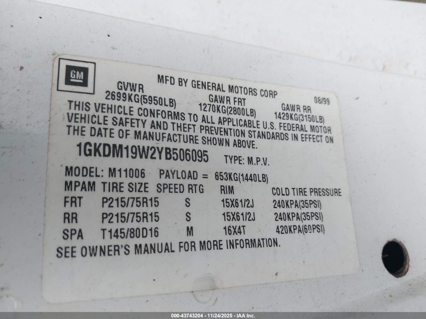 2000 GMC Safari Sl VIN: 1GKDM19W2YB506095 Lot: 43743204