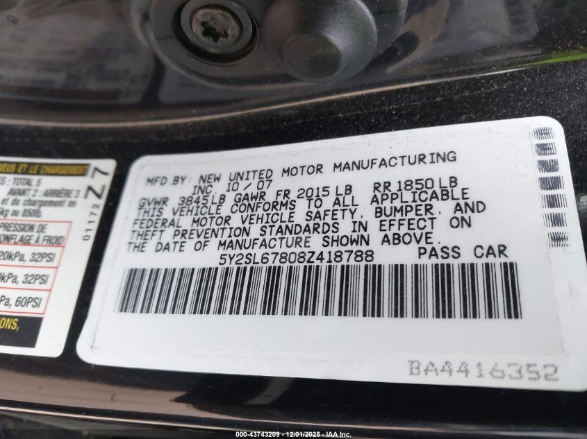 2008 Pontiac Vibe VIN: 5Y2SL67808Z418788 Lot: 43743209