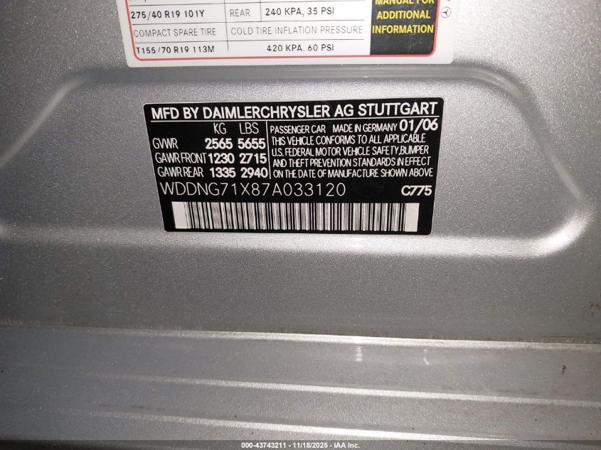 2007 Mercedes-Benz S 550 VIN: WDDNG71X87A033120 Lot: 43743211