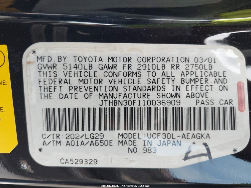 2001 Lexus Ls 430 VIN: JTHBN30F110036909 Lot: 43743237