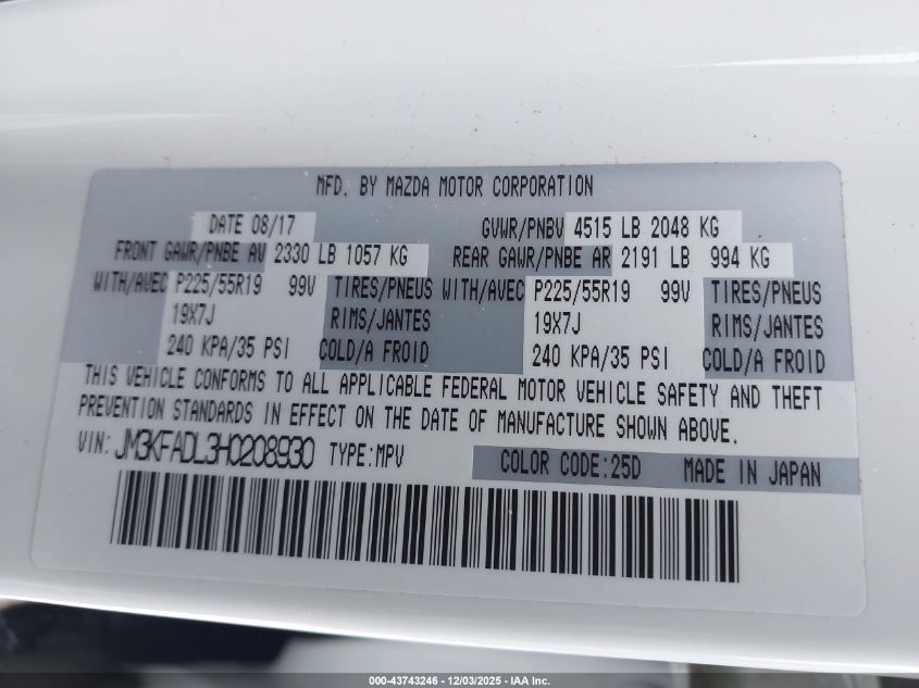 2017 Mazda Cx-5 Grand Touring VIN: JM3KFADL3H0208930 Lot: 43743246