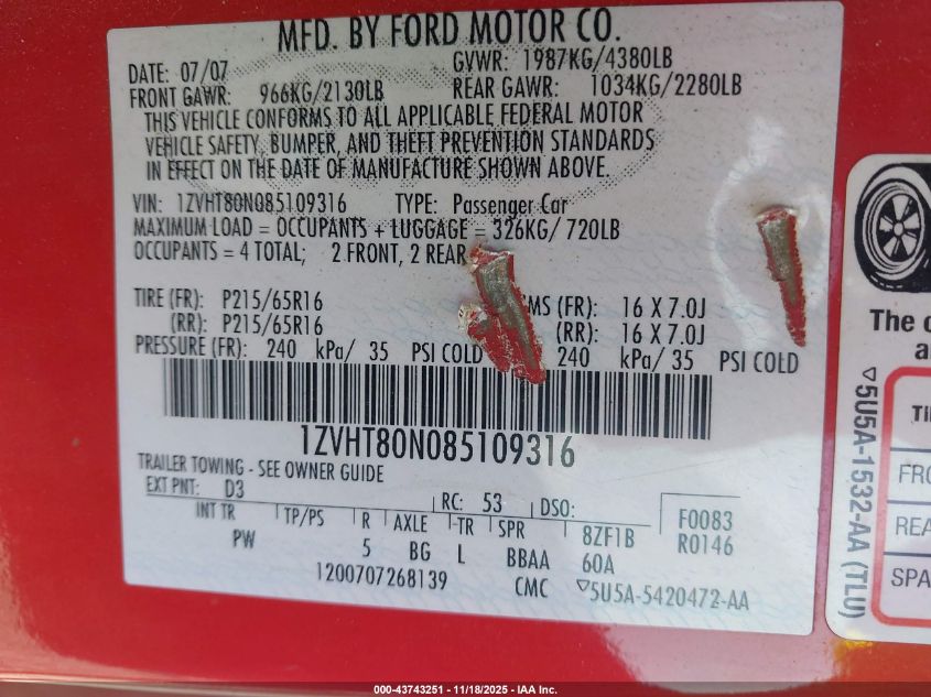 2008 Ford Mustang V6 Deluxe/V6 Premium VIN: 1ZVHT80N085109316 Lot: 43743251