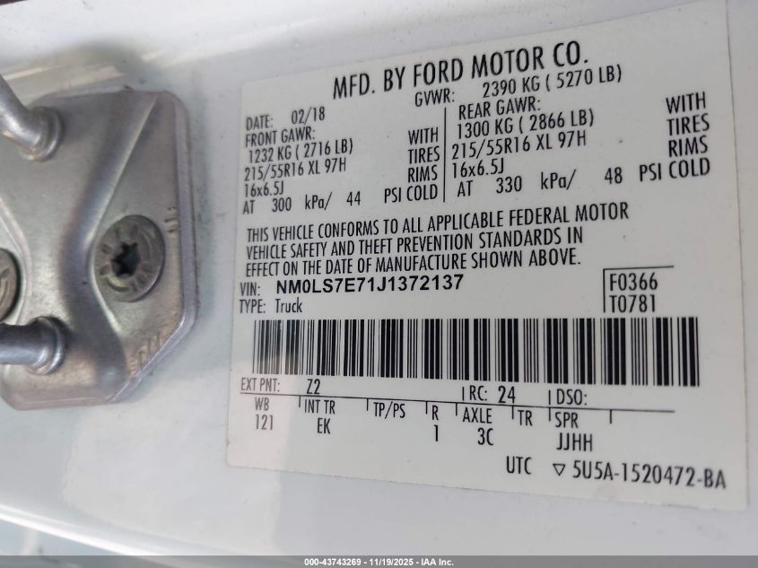 2018 Ford Transit Connect Xl VIN: NM0LS7E71J1372137 Lot: 43743269