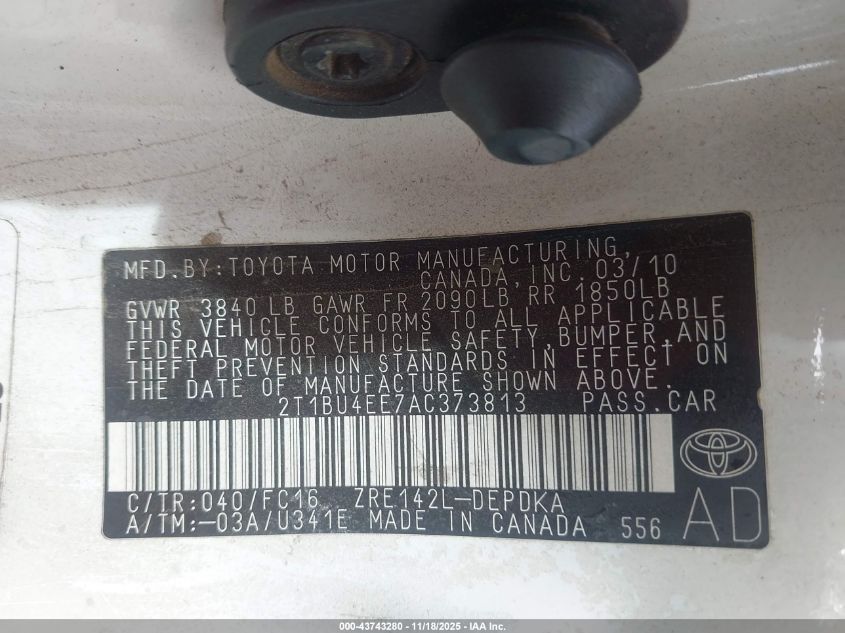 2010 Toyota Corolla Le VIN: 2T1BU4EE7AC373813 Lot: 43743280