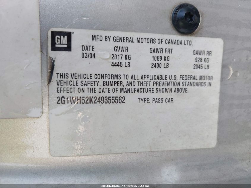 2004 Chevrolet Impala Ls VIN: 2G1WH52K249355562 Lot: 43743284