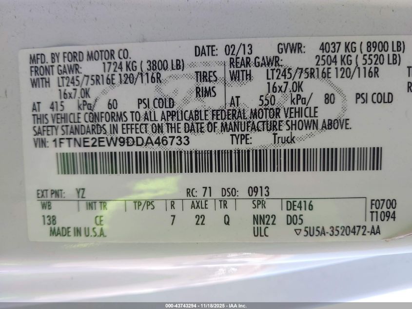 2013 Ford E-250 Commercial VIN: 1FTNE2EW9DDA46733 Lot: 43743294