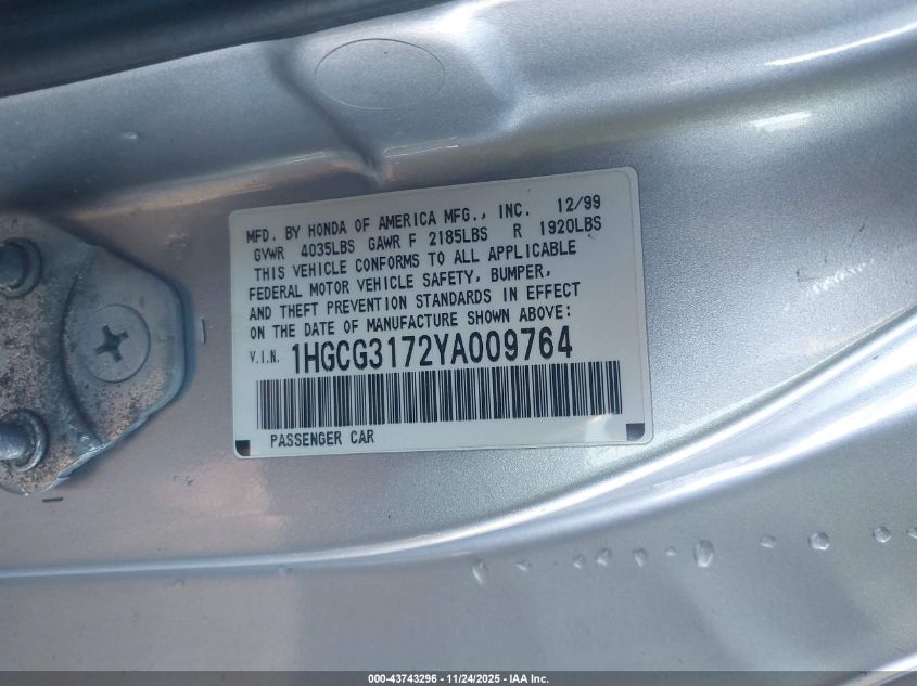 2000 Honda Accord 2.3 Ex VIN: 1HGCG3172YA009764 Lot: 43743296