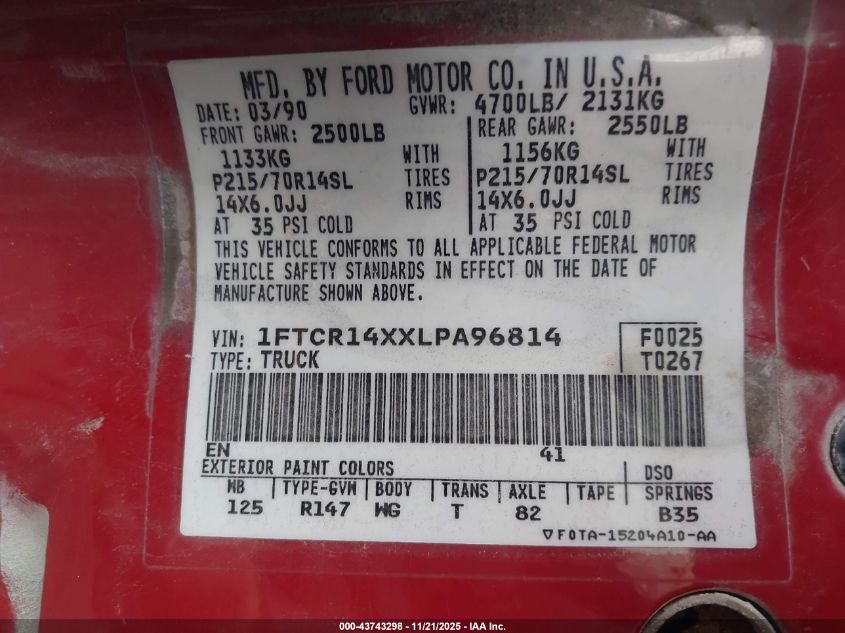 1990 Ford Ranger Super Cab VIN: 1FTCR14XXLPA96814 Lot: 43743298