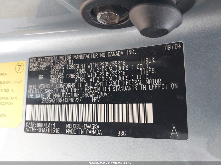 2004 Lexus Rx 330 VIN: 2T2GA31U94C018227 Lot: 43743306