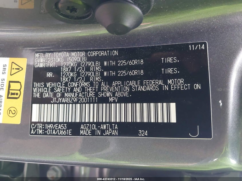 2015 Lexus Nx 200T VIN: JTJYARBZ9F2001111 Lot: 43743312