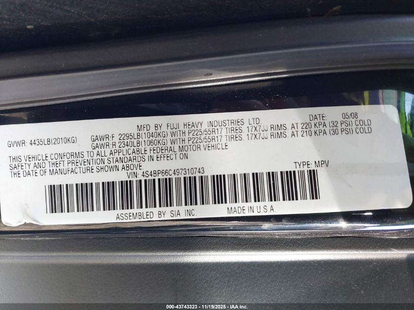 2009 Subaru Outback 2.5I Limited VIN: 4S4BP66C497310743 Lot: 43743323