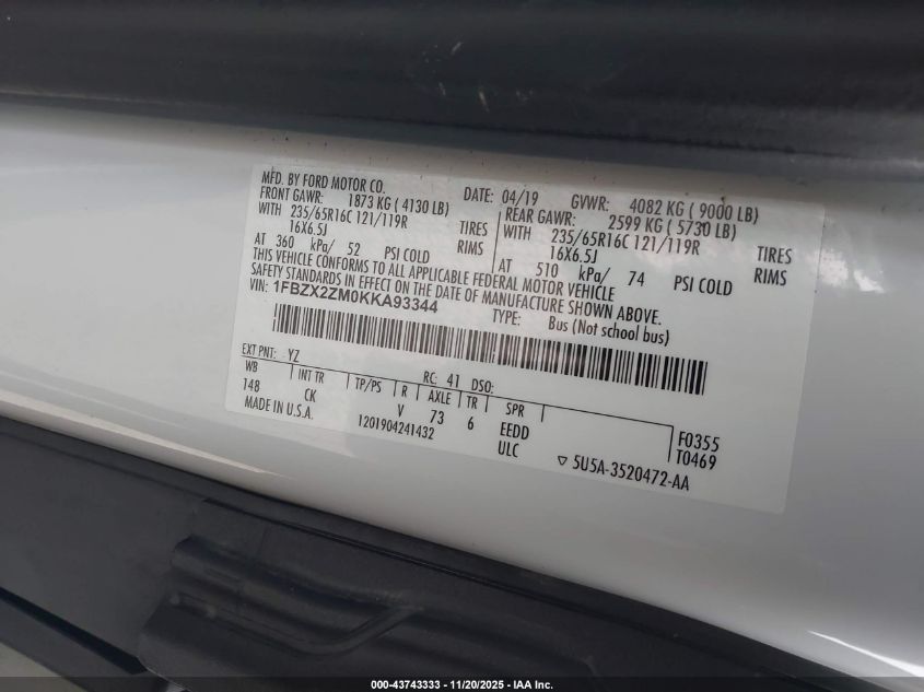 2019 Ford Transit-350 Xlt VIN: 1FBZX2ZM0KKA93344 Lot: 43743333