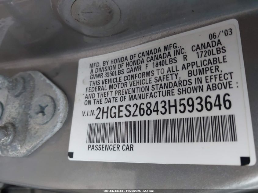 2003 Honda Civic Ex VIN: 2HGES26843H593646 Lot: 43743343