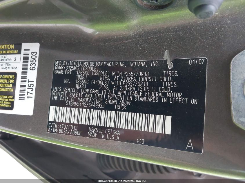 2007 Toyota Tundra Sr5 V8 VIN: 5TBRV541272449933 Lot: 43743358