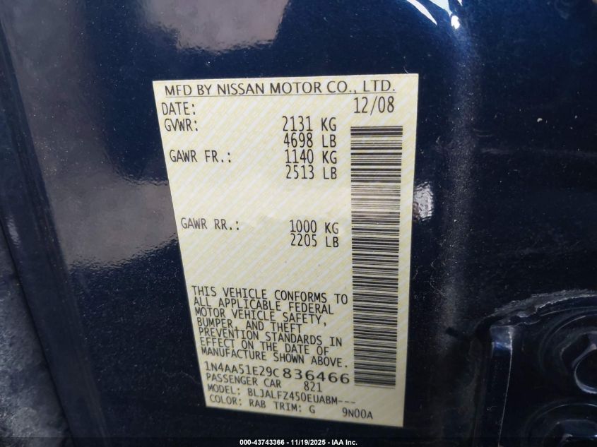 2009 Nissan Maxima 3.5 Sv VIN: 1N4AA51E29C836466 Lot: 43743366