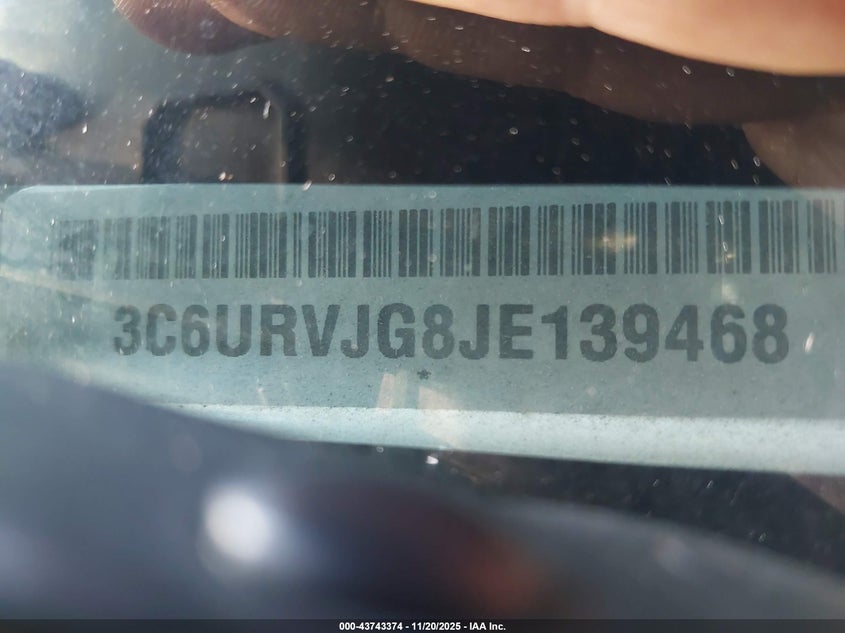 2018 Ram Promaster 3500 Cargo Van High Roof 159 Wb Ext VIN: 3C6URVJG8JE139468 Lot: 43743374