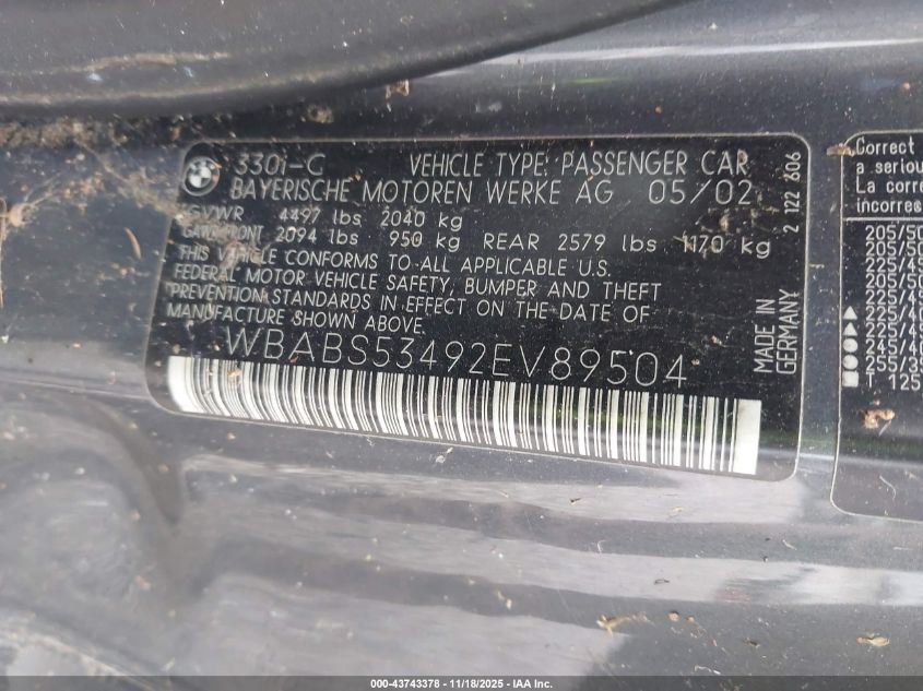 2002 BMW 330Ci VIN: WBABS53492EV89504 Lot: 43743378