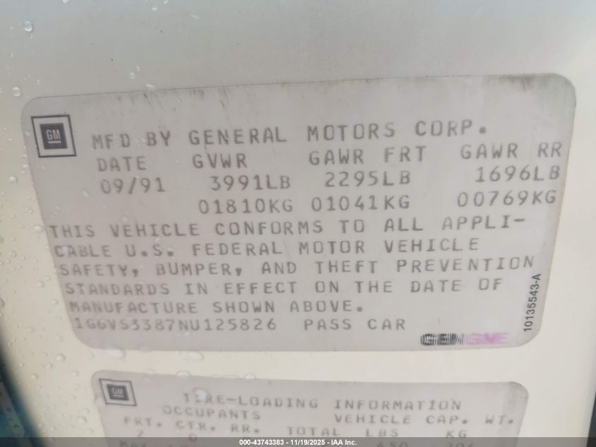 1992 Cadillac Allante VIN: 1G6VS3387NU125826 Lot: 43743383