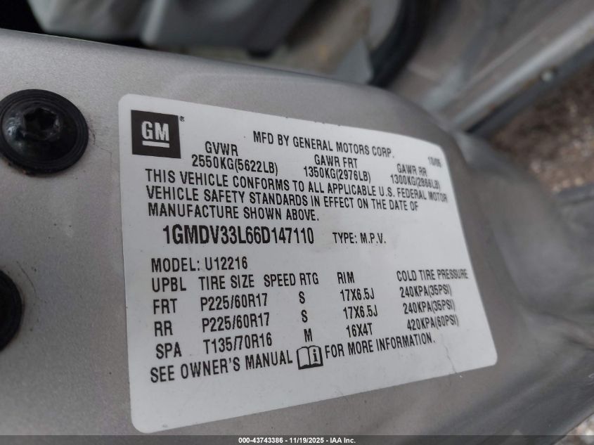 2006 Pontiac Montana Sv6 VIN: 1GMDV33L66D147110 Lot: 43743386