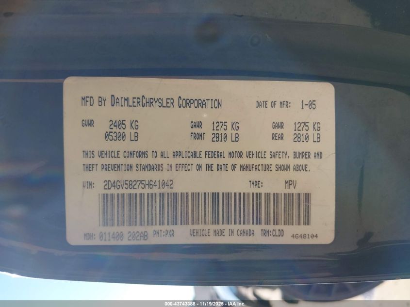 2005 Dodge Magnum Rt VIN: 2D4GV58275H641042 Lot: 43743388