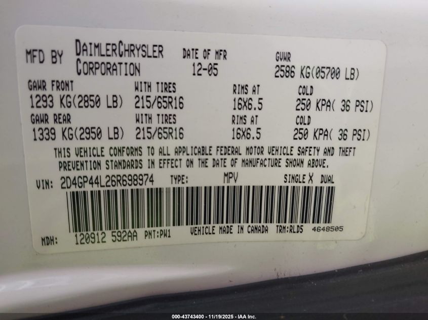 2006 Dodge Grand Caravan Sxt VIN: 2D4GP44L26R698974 Lot: 43743400