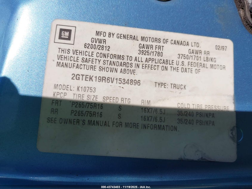 1997 GMC Sierra 1500 Sl Wideside VIN: 2GTEK19R6V1534896 Lot: 43743403