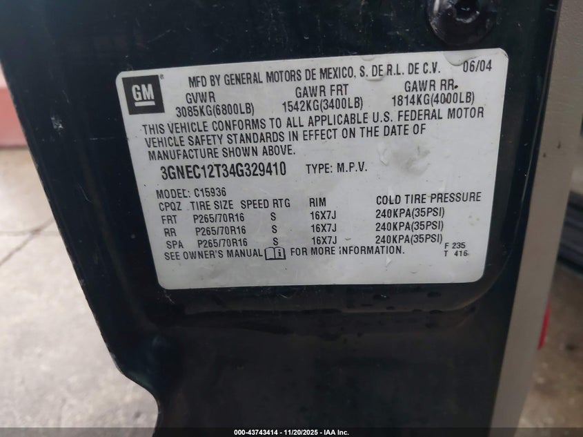 2004 Chevrolet Avalanche 1500 VIN: 3GNEC12T34G329410 Lot: 43743414