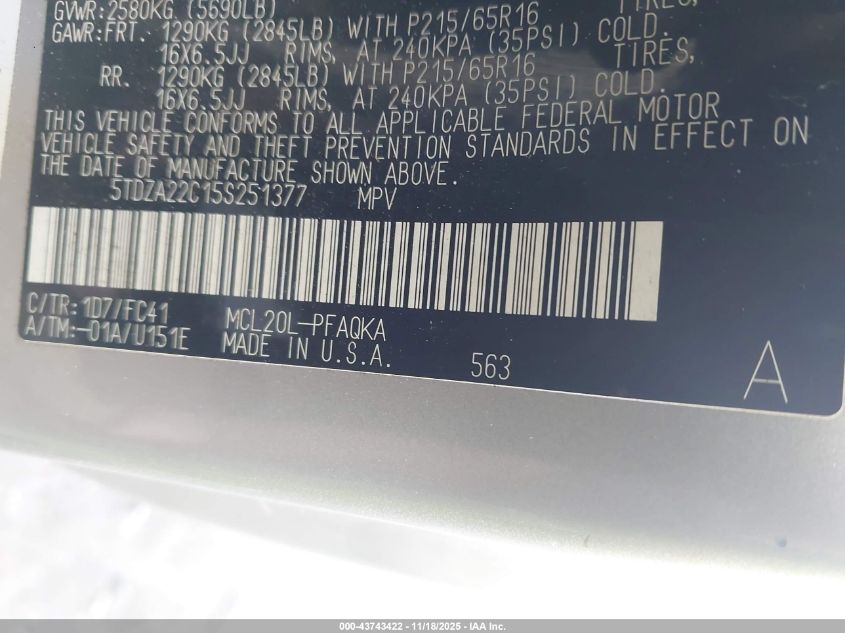 2005 Toyota Sienna Xle VIN: 5TDZA22C15S251377 Lot: 43743422