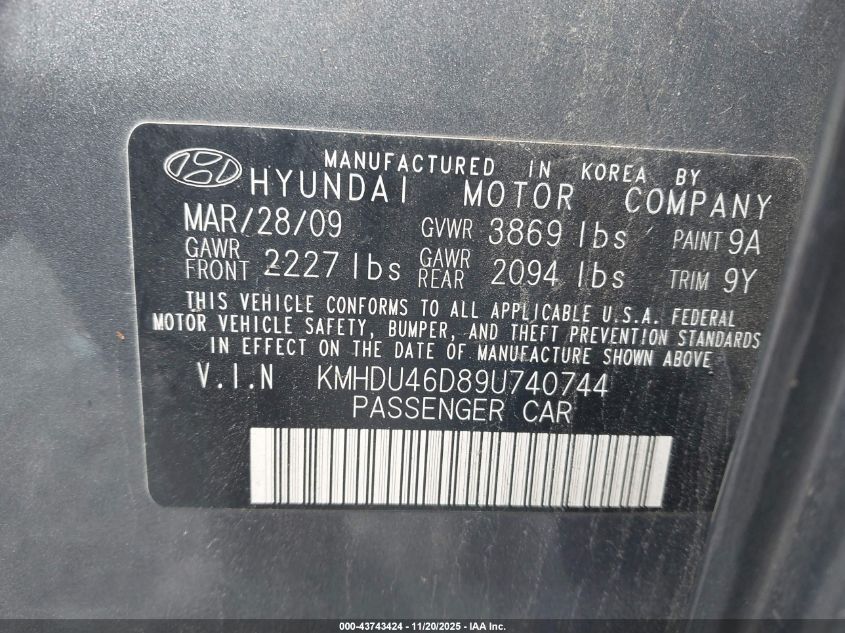 2009 Hyundai Elantra Gls VIN: KMHDU46D89U740744 Lot: 43743424