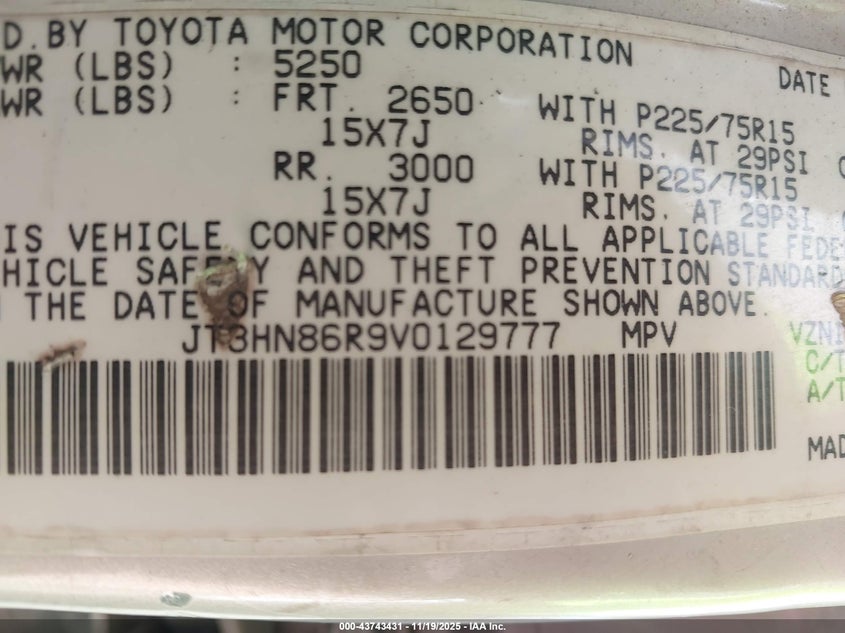 1997 Toyota 4Runner Sr5 V6 VIN: JT3HN86R9V0129777 Lot: 43743431