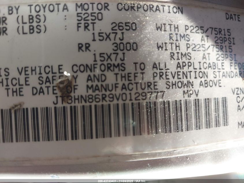 1997 Toyota 4Runner Sr5 V6 VIN: JT3HN86R9V0129777 Lot: 43743431