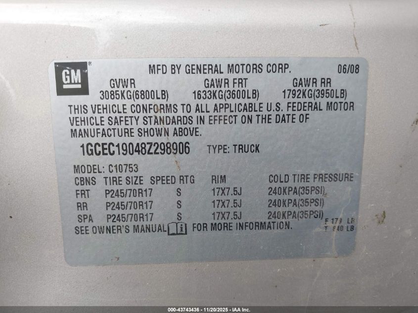 2008 Chevrolet Silverado 1500 Work Truck VIN: 1GCEC19048Z298906 Lot: 43743436