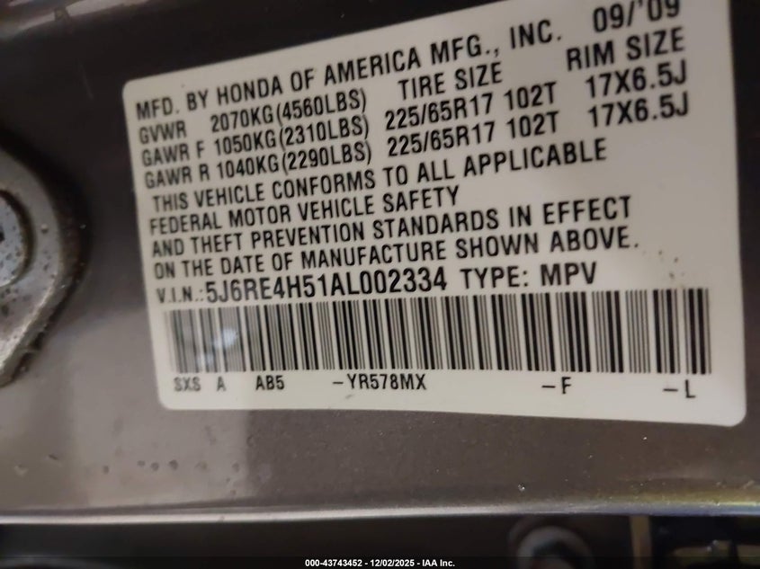 5J6RE4H51AL002334 2010 HONDA CR-V photo no. 9