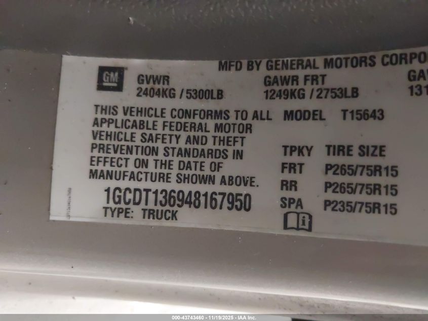 2004 Chevrolet Colorado Ls VIN: 1GCDT136948167950 Lot: 43743460