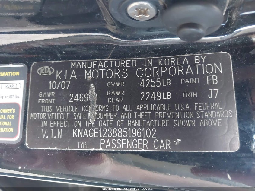 2008 Kia Optima Lx VIN: KNAGE123885196102 Lot: 43743480