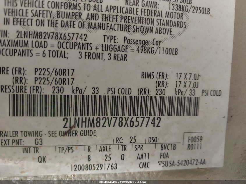 2008 Lincoln Town Car Signature Limited VIN: 2LNHM82V78X657742 Lot: 43743492