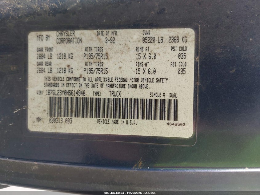 1992 Dodge Dakota VIN: 1B7GL23Y0NS614948 Lot: 43743504