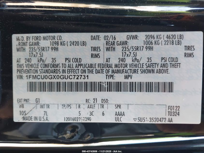 2016 Ford Escape Se VIN: 1FMCU0GX0GUC72731 Lot: 43743506