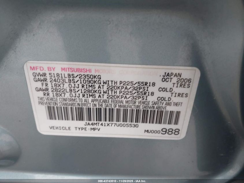 2007 Mitsubishi Outlander Xls VIN: JA4MT41X77U005530 Lot: 43743510