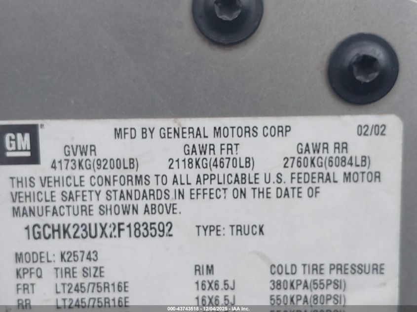 2002 Chevrolet Silverado 2500Hd Ls VIN: 1GCHK23UX2F183592 Lot: 43743518
